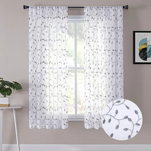 Miniatura 20 de Tollpiz Cortinas Cortas Transparentes de Hojas con Bordado de Hojas Grises, Cortinas de Dormitorio con Bolsillo para Barra, Voile de Lino Sintético
