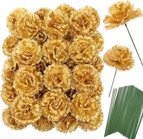 Miniatura 10 de Paquete de 50 palillos de clavel de seda artificial, cabezas de clavel de flores artificiales con tallos para bricolaje, ramos de boda, centros