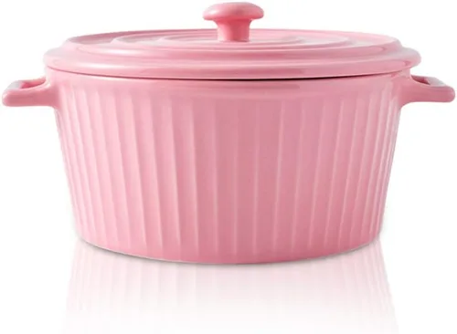Cacerola con tapa, cacerola de cerámica de 1.1 cuartos de galón para horno colorido (1, rosa)