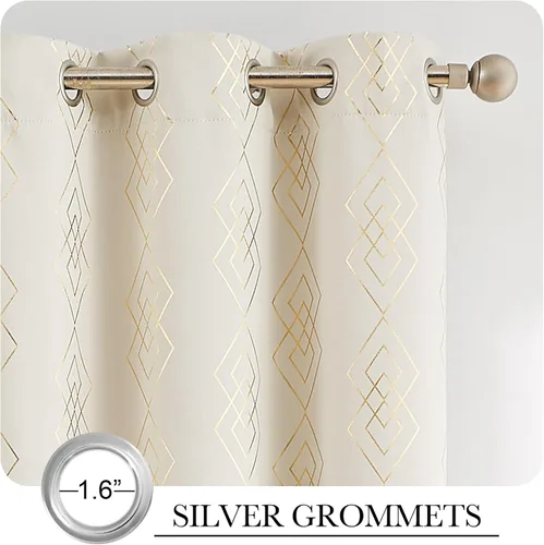 Miniatura 9 de Cortinas 100% opacas para dormitorio, cortinas metálicas geométricas de diamante en oro sobre blanco 63 pulgadas de largo, cortinas oscuras