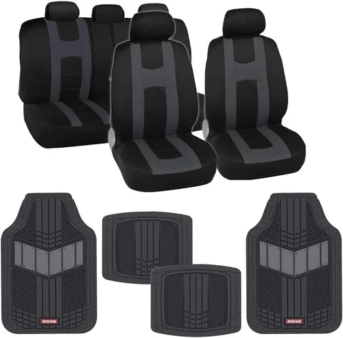 BDK AutoSport Juego completo de fundas para asientos de automóvil de carbón con juego de alfombrillas de goma resistentes para todo tipo de clima -