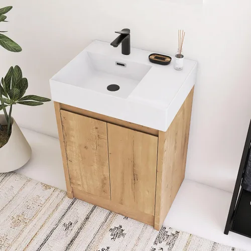 Miniatura 17 de Tocador de baño pequeño de 16 pulgadas con lavabo, tocador de baño independiente de 16" para espacios pequeños, gabinete de madera contrachapada