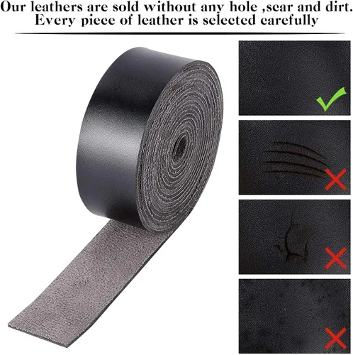 Miniatura 7 de GORGECRAFT Tira de correa de cuero de 1 pulgada de ancho 6.6 ft de largo de grano de cuero negro, cordón plano de una sola cara para manualidades