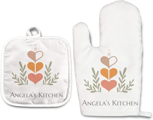 Angela's Kitchen - Juego de guantes de horno personalizados y soporte para ollas | Regalos de cocina personalizados | Inauguración de la casa,