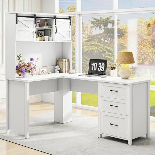 Miniatura 7 de Vabches Escritorio rústico en forma de L de 68 pulgadas de alto con gabinete, mesa de oficina con 3 cajones y puertas correderas, escritorio