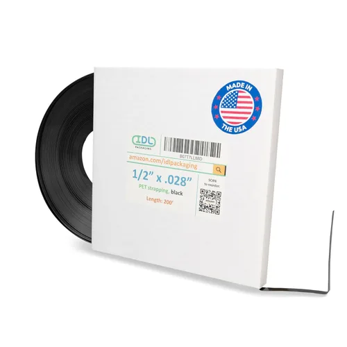 IDL Packaging Bobina de flejado de poliéster (PET) Mini de 1/2" x 0.028" x 200', resistencia a la rotura de 760 lbs, negro - Resistencia a rayos UV,