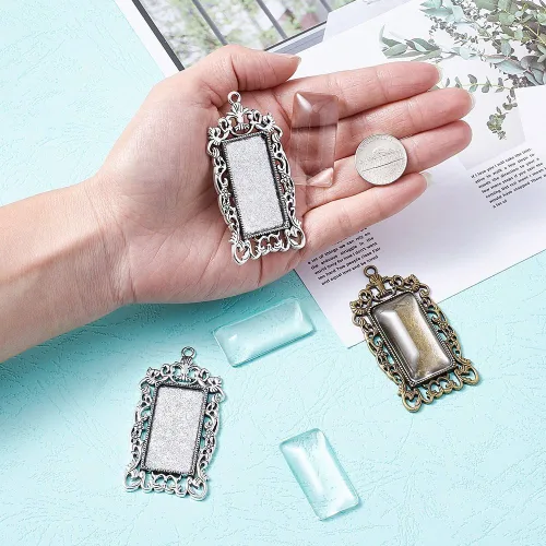 Miniatura 6 de KISSITTY 10 piezas de bandeja colgante rectangular de bronce plateado antiguo en blanco con 10 piezas de azulejos de cúpula de vidrio transparente