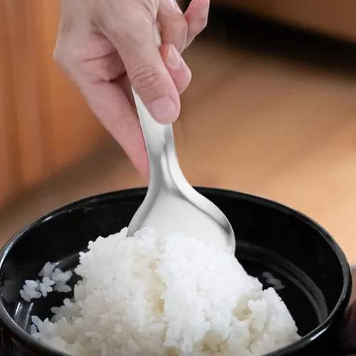Miniatura 5 de Kichvoe Juego de 3 cucharas de arroz de acero inoxidable, cucharas de cocina ligeras, cuchara de arroz para servir sopas y guisos, fácil