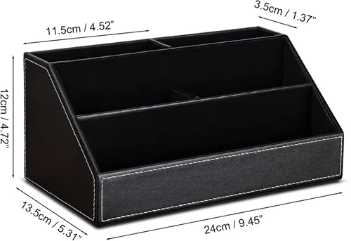 Miniatura 3 de KINGFOM™ Caja de almacenamiento y organizador de papelería multifunción para escritorio; estructura de madera y piel para la oficina del hogar; Negro