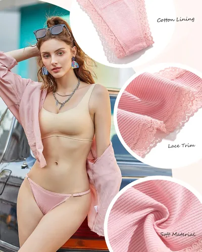 Miniatura 3 de FINETOO Tangas ajustables para mujer, ropa interior de algodón de baja altura con espalda en T, tangas sexy con ribete de encaje, transpirable