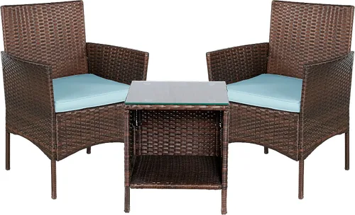 BTEXPERT Juego de 3 piezas de mimbre para patio al aire libre, juego de bistró para jardín, patio, porche, muebles, ahorro de espacio, ratán, dos