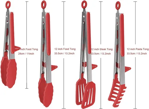 Miniatura 4 de Juego de 4 pinzas de cocina de silicona, antiadherentes de acero inoxidable con puntas de silicona sin BPA para servir pasta, espagueti, bistec, Rojo