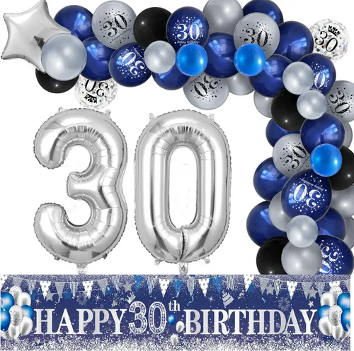 Miniatura 14 de Decoraciones de fiesta de cumpleaños 60, azul marino, plateado, pancarta de feliz cumpleaños 60 con 61 globos de látex, globos de aluminio