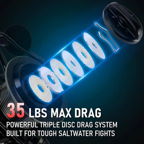 Miniatura 4 de Alwonder Carrete giratorio de agua salada 10000/11000 carrete de pesca de surf grafito 13+1 acero inoxidable BBS 35LB Max Drag Heavy Duty Surf