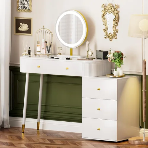 Miniatura 11 de WinZo Mesa de tocador de 24" con espejo y luces, pequeña mesa de tocador de maquillaje con 1 cajón de almacenamiento, elegante mesa de tocador