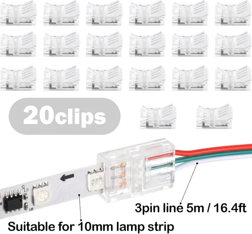 Miniatura 3 de Flutesan 20 piezas 3 pines 10mm conectores de tira de luz LED sin soldadura, conectores de iluminación de pista transparente para tira de luz RGB