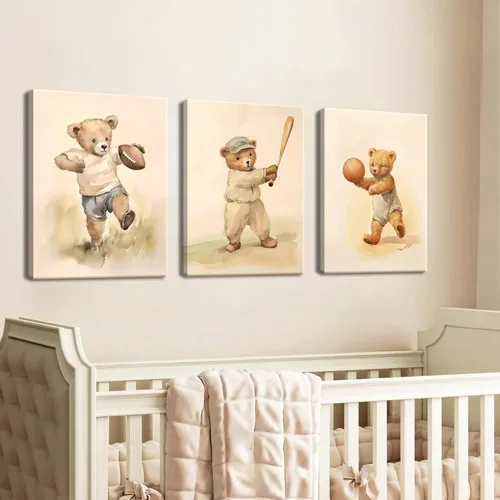 Miniatura 8 de Conjunto de 3 cuadros de arte de pared de osos de rugby deportivos para guardería – Cuadros de osos bebés vintage bonitos, pinturas, pósteres