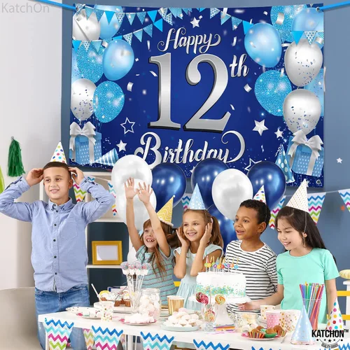 Miniatura 3 de KatchOn, Cartel de feliz cumpleaños número 12, 72 x 44 pulgadas, decoración de fiesta de feliz cumpleaños número 12 azul y plateado para niños