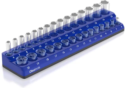 Olsa Tools Soporte magnético para vasos | Drive de 3/8 pulgadas | Métrico | Azul | Capacidad para 30 vasos | Organizador de herramientas de calidad