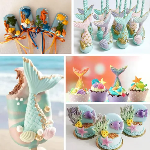 Miniatura 6 de Sakolla 4 piezas de moldes de silicona para fondant con tema marino, moldes de silicona en forma de cola de sirena, concha marina y estrella de mar