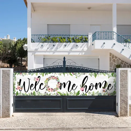 Miniatura 5 de Sumind Cartel de bienvenida a casa grande con cuerda para colgar en primavera, guirnalda de flores de primavera, telón de fondo para fiesta