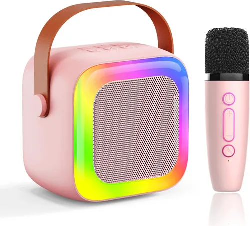 Miniatura 7 de Mini máquina de karaoke para niños, adolescentes y adultos, máquina de karaoke para niños con 2 micrófonos inalámbricos y luces LED, juguetes