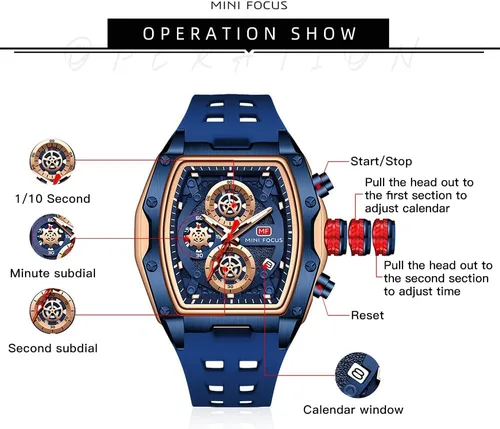 Miniatura 5 de MF MINI FOCUS Reloj de pulsera Tonneau de moda para hombre (cronógrafoimpermeableluminosocalendario) reloj de cuarzo con correa de silicona