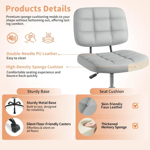 Miniatura 4 de Silla de escritorio de oficina en casa sin brazos – Pequeñas sillas giratorias de escritorio de oficina con ruedas – Silla de computadora ajustable