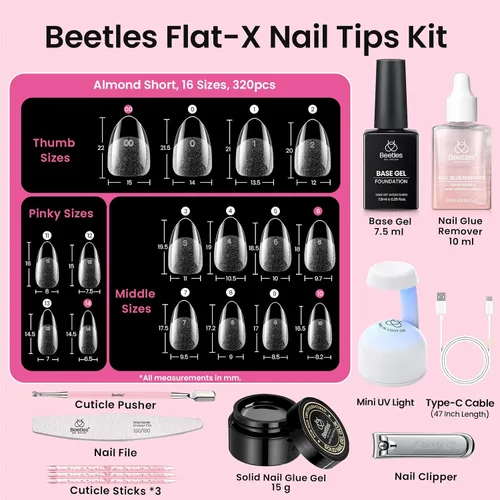 Miniatura 3 de Beetles - Kit de uñas de gel FlatX, almendra corta, 320 puntas de uñas de 16 tamaños, con pegamento sólido de uñas de 0.5 onzas, removedor