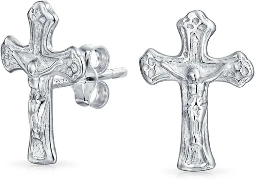 Aretes pequeños religiosos con cruz de crucifijo católico para mujeres y hombres, adolescentes, regalo de comunión, plata esterlina 925, Metal, sin