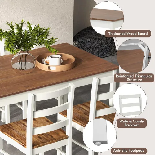 Miniatura 5 de COSTWAY Juego de mesa de comedor para 4, sillas de mesa de cocina de madera con patas de madera de goma, diseño que ahorra espacio, moderno juego