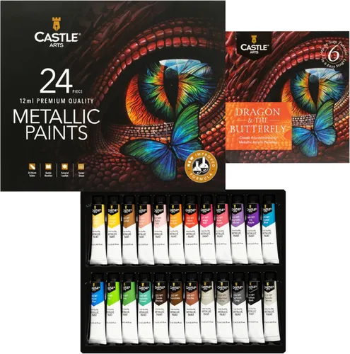 Castle Art Supplies Juego de 24 tubos acrílicos metálicos | Fórmula mejorada | 24 tubos de 0.47 onzas líquidas para artistas adultos, principiantes