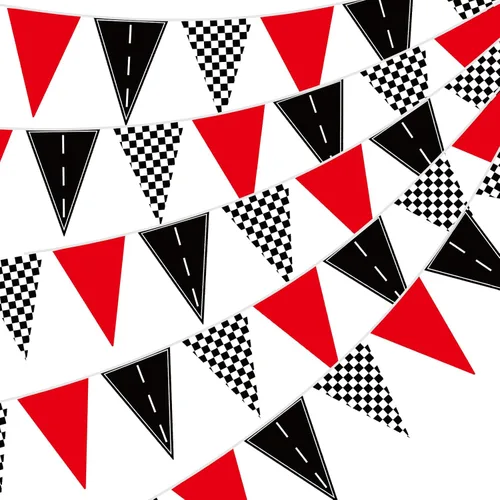 Jetec Paquete de 5 banderines con temática de carreras de 49 pies, banderines de bandera a cuadros rojos, negros y blancos, decoraciones de fiesta