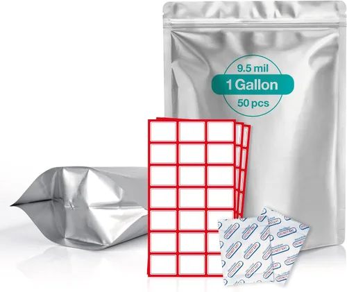 50 bolsas de Mylar de 1 galón con absorbentes de oxígeno (500 cc) – 9.5 mil – Bolsas de Mylar reforzadas de 1 galón resellables y termosellables