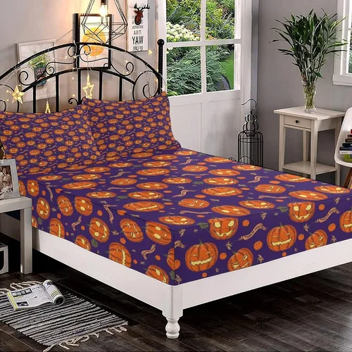 Miniatura 16 de Juego de sábanas bajeras decorativas tamaño Queen, sábanas bajeras de Halloween con bolsillos profundos y 2 fundas de almohada (sin sábana plana)