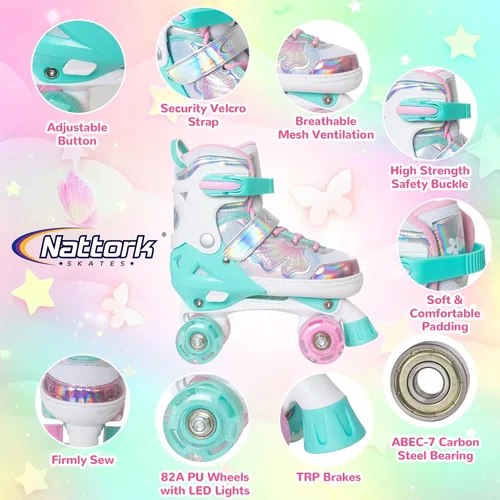 Miniatura 3 de Nattork Patines de Ruedas para Niñas y Niños, Patines Cuádruples de 4 Tamaños Ajustables con Diseño de Mariposa y Flor con Todas las Ruedas Verde