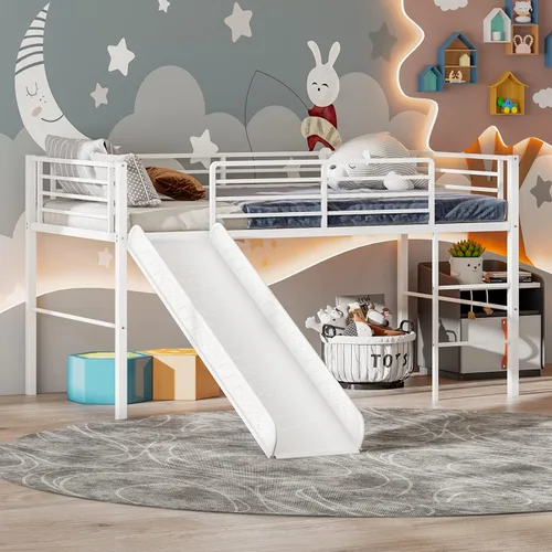 Miniatura 11 de Giantex Cama alta individual con tobogán, litera baja de metal con barandillas de seguridad y escalera integrada, marco de suelo de cama infantil
