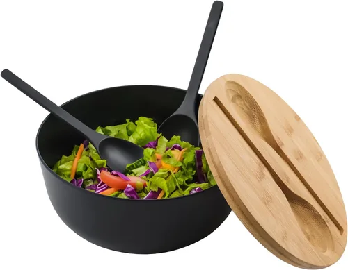 Miniatura 4 de LOVYANXUE - Juego de ensaladera de fibra de bambú con utensilios para servir de gran tamaño de 9.8 pulgadas, juego de mezcla de bambú natural