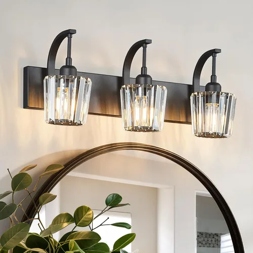 Miniatura 40 de Luces de tocador de cristal de 3 luces negras para tocador de baño, modernas lámparas de baño de cristal sobre espejo de 23.62 pulgadas de largo