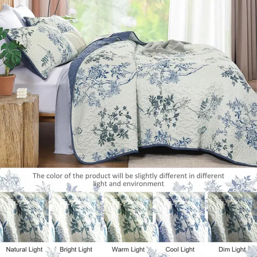 Miniatura 4 de WONGS BEDDING Juego de edredón floral matrimonial, juego de colcha con patrón botánico azul para mujeres, adolescentes y niñas, juego de ropa