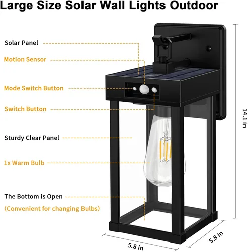 Miniatura 6 de Auzev Lámparas solares de pared para exteriores, farol solar exterior con panel transparente, sensor de movimiento, 3 modos de iluminación, aplique