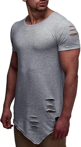 Camisas recortadas Hombres Verano Manga Corta Cuello Redondo Camisetas Tops Blusas irregulares Deportivas sólidas