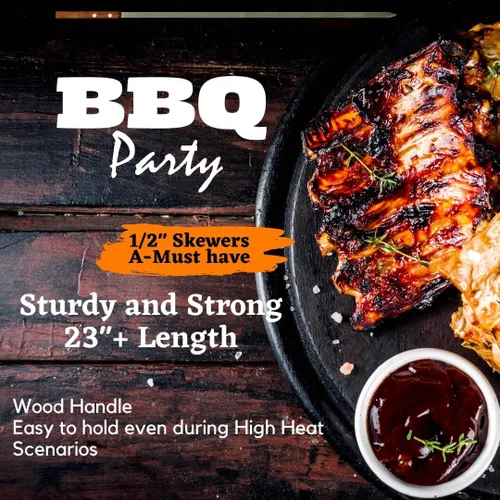 Miniatura 3 de Brochetas planas de media pulgada para barbacoa de acero inoxidable con mango de madera maciza para asar estilo brasileño Kebob Koubideh Kebab turco