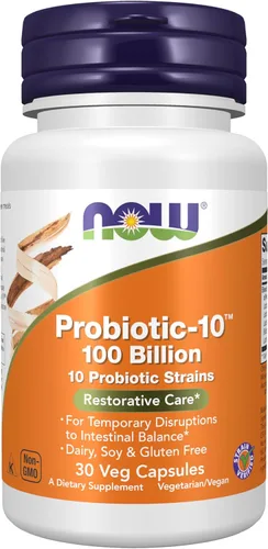 NOW Foods Suplementos, Probiotic-10™, 100 mil millones, con 10 cepas probióticas, libre de lácteos, soja y gluten, cepas verificadas, 30 cápsulas