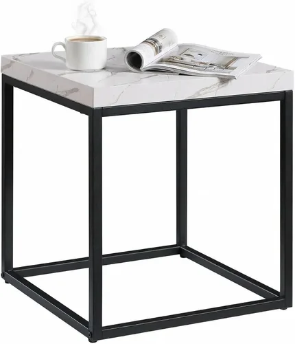 CENSI - Mesa auxiliar/mesa auxiliar de mármol blanco de 18 pulgadas | Parte superior de madera extragruesa de 1.6 pulgadas, diseño industrial
