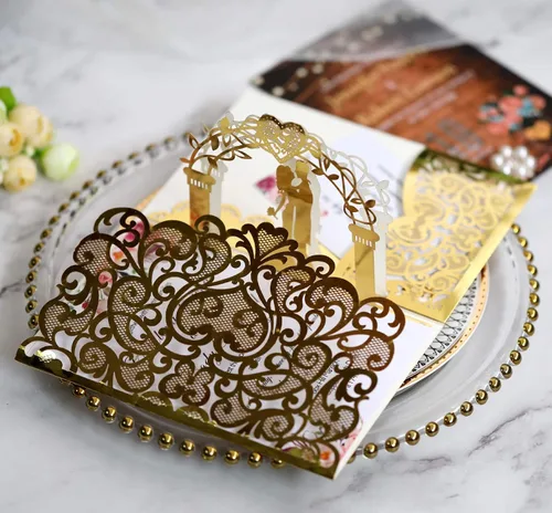 Miniatura 6 de NC Paquete de 10 invitaciones de boda desplegables en 3D doradas, elegantes tarjetas de aniversario de diseño de novia y novio para celebraciones