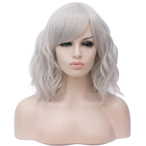 Miniatura 25 de BUFASHION Peluca rizada corta ondulada de 14 pulgadas para mujer, peluca sintética para cosplay, Halloween, peluca con flequillo lateral (negro)