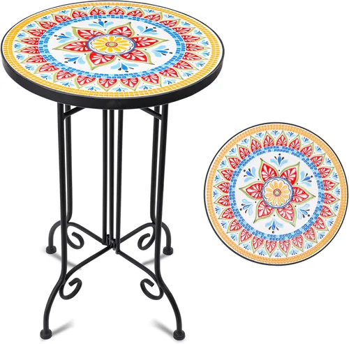 Miniatura 7 de VCUTEKA Mesa auxiliar de mosaico, mesa auxiliar redonda de 21" con tapa de baldosas cerámicas de 14", mesa auxiliar de acento para patio