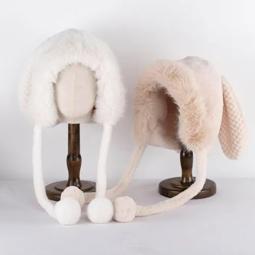 Miniatura 3 de Fauxfur Y2k - Gorro de conejo para mujer, gorro de invierno cálido con diseño de calavera y pompón, sombrero holgado