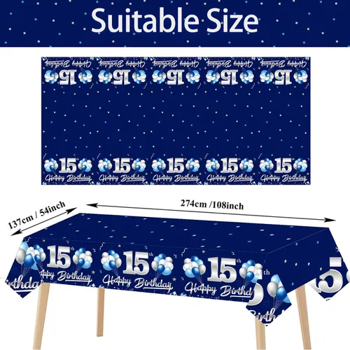 Miniatura 2 de Turypaty Paquete de 3 manteles decorativos de cumpleaños de 15 años de color azul marino para niños, manteles rectangulares desechables